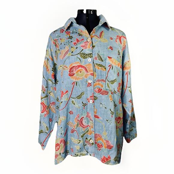Habitat Clothes To Live In XL Top Blue Floral Button Shirt Long Sleeve Collar - Picture 1 of 5